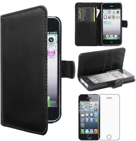 ebestStar - compatible with iPhone SE Case iPhone 5 5S Wallet Case PU Leather Flip Cover with Card Slot Holder, Black + Tempered Glass Screen Protector [iPhone: 123.8 x 58.6 x 7.6mm, 4.0'']
