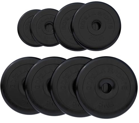 GORILLA SPORTS® Hantelscheiben 1,25–25 kg, 30/31 mm, Gusseisen, Gummi | Einzeln oder als 27,5/30-kg-Set, mit 4-mm-Gummibeschichtung in Schwarz; für Kurz-, Lang-, Curl- und Trizepsstangen