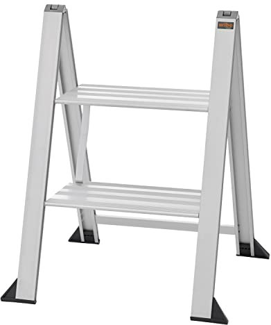 Alu Trittleiter Vikingstep Midi von W.Steps I 480mm hoch I Belastbar bis 150kg I Kompakte Aluminium Klapptrittleiter mit 2 Stufen I Nur 35mm breit I 728142