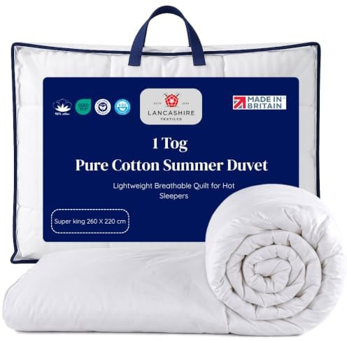 1 Tog Pure Cotton Summer Duvet Super King 260 x 220cm, Ultra Lightweight Cooling Quilt for Hot Sleepers, Hypoallergenic Bedding, OEKO-TEX Certified, Machine Washable, Made in Britain