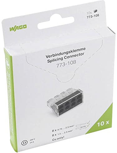 WAGO Verbindungsdosenklemme 773-108/995-010 | 8 Leiter, bis 2,5 mm², 10 Stück, COMPACT Verbindungsklemme für ein- und mehrdrähtige Leiter, bestätigte Anwendungssicherheit, kleinstmögliche Bauform