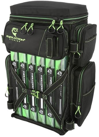 Evolution Fishing Drift-Serie 3700 Angelrucksack mit QuikLatch-System und 2 Rutenhaltern, robust, mit 6Tackle-Boxen, Grün