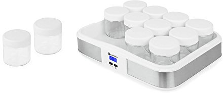 Klarstein Gaia Yaourtière électrique avec 12 pots en verre de 210 ml chacun (minuterie, réglage de la température piloté, nettoyage aisé) Cadre en acier inoxydable blanc Blanc weiß
