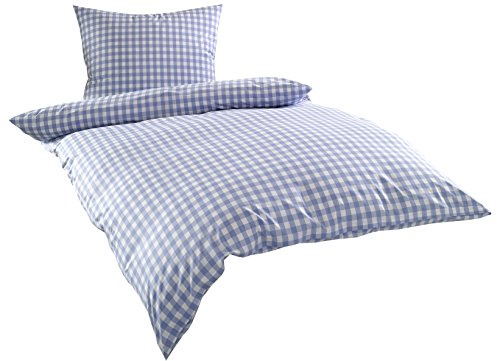 Bettwaesche-mit-Stil Mako Batist/Mako Perkal Landhaus Bettwäsche Karo Oslo kariert (155 cm x 220 cm + 80 cm x 80 cm, Blau - Karo)
