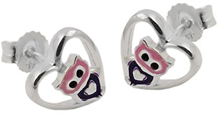 Ohrstecker Ohrringe Stecker Kinder kleine Eule im Herz 925 Silber 8 mm