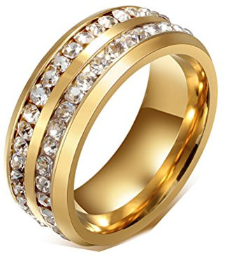 HIJONES Schmuck Damen Edelstahl Doppelte Reihen Rhinestone Ring Größe 66 (21.0) (Gold)