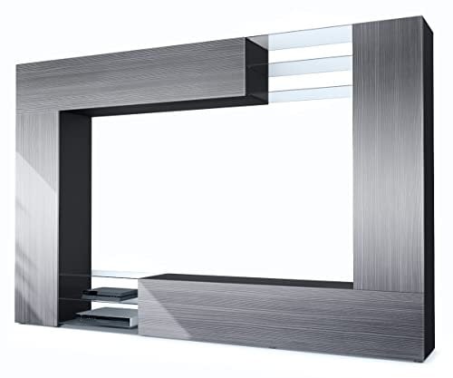 Vladon Wohnwand Mirage, Made in Germany, Anbauwand mit Rückwand mit 2 Türen, 2 Klappen und 6 offenen Glasablagen, Schwarz matt/Avola-Anthrazit (262 x 183 x 39 cm)