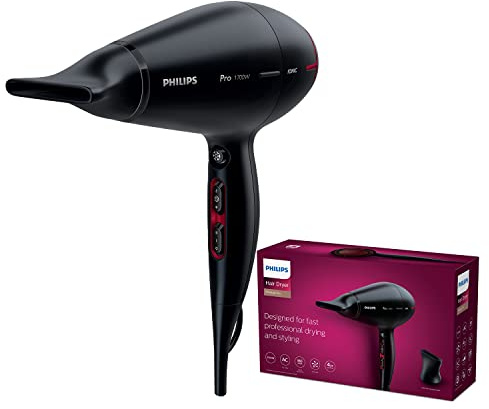 Philips Pro HPS910/00 - Secador de Pelo Profesional, Motor AC, Ionico, Boquilla 8 mm, 3 Velocidades, 3 Temperaturas, 2100w, Negro