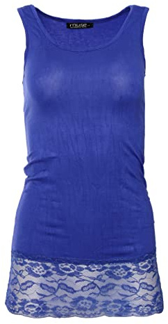 Easy Young Fashion - Damen Trägertop mit Spitzensaum - langes Unterziehshirt Skinny Fit 0518 (Royalblau M/L)