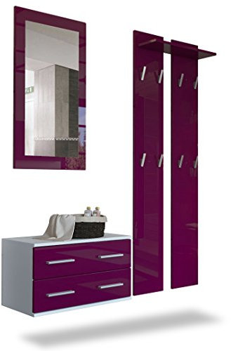Vladon Garderobenset Garderobe Kioto, Made in Germany, Korpus in Weiß matt/Front in Brombeer Hochglanz