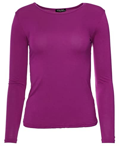 Easy Young Fashion - Damen Basic Rundhals Shirt - Langarm Unterziehshirt - Skinny Fit 1093 - Helle Beere L