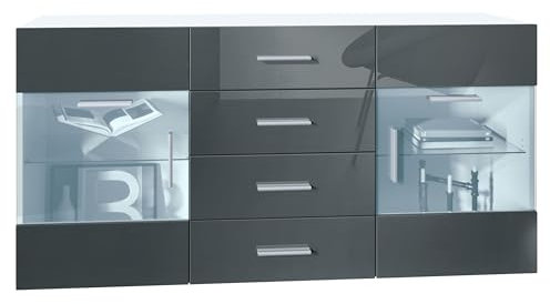 Vladon Sideboard Kommode Bari V1, Made in Germany, Korpus in Weiß matt/Front in Grau Hochglanz (139 x 72 x 35)