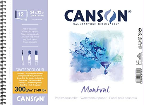 Canson Montval, Blocco da Disegno per Acquerello, Guazzo, Acrilico, 24x32 cm 300 gm, Grana Fine,12 Fogli, Spiralato Lato Corto