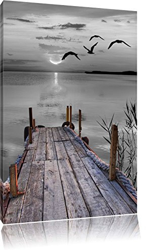 Pixxprint schöner Steg mit Vögeln B&W, Größe: 100x70cm, Leinwandbild, fertig gespannt, Wandbild, Dekoration, Kunstdruck, kein Poster