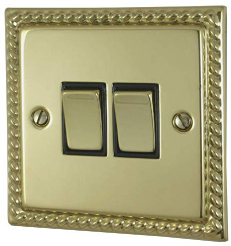 G&H Brassware MB302 2-Way Two Gang Georgian Polished Brass Light Switch - Metal Rockers and Black Inserts
