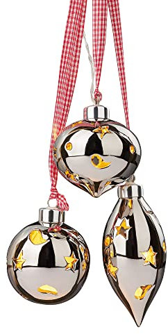 hellum Weihnachtsdekoration LED-Keramik e-er-Set zum Hängen mit Timer, silber, Tropfen ø6,5cm und Kugeln 7,5cm, 15 warmweiße LEDs, Batteriebetrieben, Zuleitung 1m, 521740