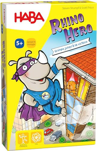 HABA 302203 - Rhino Hero, 3D-Stapelspiel für 2 bis 5 Superhelden ab 5 Jahren und mit einfachen Regeln für schnellen Spaß, Aktionsspiel für die ganze Familie