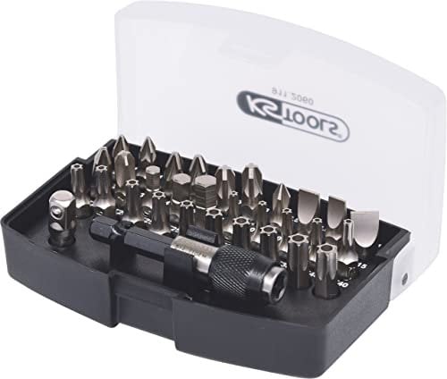 KS Tools 911.2060 1/4 CLASSIC Bit-Satz, 32-tlg., mit Außensechskantantrieb, für Handbetätigung und Elektroschrauber, Magnethalter, Vierkant-Adapter, Bit PH, Bit PZ, Bit Schlitz, Bit Innensechskant, Bit TX Bohrung in Kunststoffbox Schwarz Grau Klar One Size