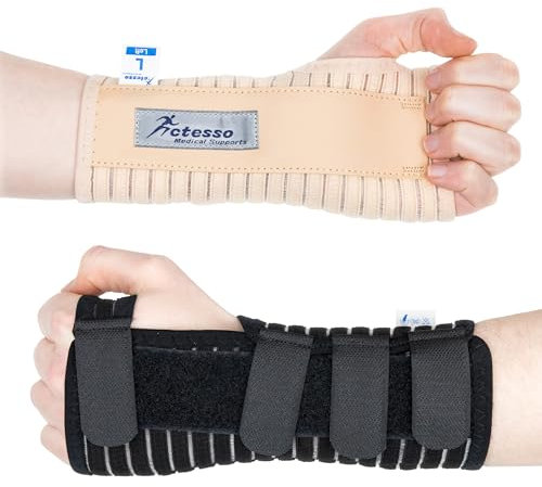 Actesso Atmungsaktive Handgelenkschiene Handgelenkstütze - Entlastung für Karpaltunnelsyndrom, Verstauchungen, RSI und Sehnenscheidenentzündung (Beige Links, L)
