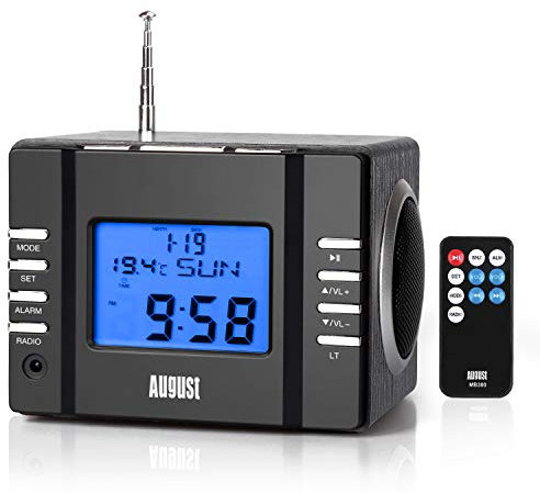 August MB300 Radiowecker FM Uhrenradio mit MP3 Player Stereoanlage Thermometer SD 3.5 Line – In Buchse Alarmton per Radio MP3 oder einfachem Alarmton Sleep Timer Infrarotfernbedienung komplett schwarz
