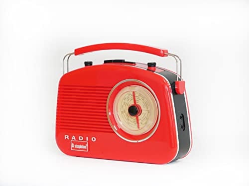Steepletone Brighton Mk2 Shabby Chic Nostalgic Retro Radio (1950's Style), Mains Electric/Battery Powered. Rotary Radio FM & AM (MW + LW). Mobile Smart Phone Music Playback (Mains Lead Inc) Red