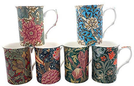 William Morris Flowery Design Mugs Set of 6 by Chinacave - Premium Fine Bone China Cups & Mugs - Professional Quality for Kitchens, Restaurants, Cafes
