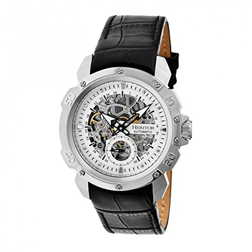 HERITOR Conrad Automatic Watch for Men – 42mm Men's Skeleton Watch with Jeweled Automatic Movement, 316L Stainless Steel Case, Genuine Leather Strap (HERHR2503) – Silver/Silver