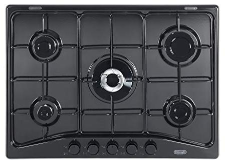 DeLonghi FFN 57 ASV - Placa de cocina con 5 fuegos a gas, rejillas esmaltadas, 70 cm, color negro FFN57ASV