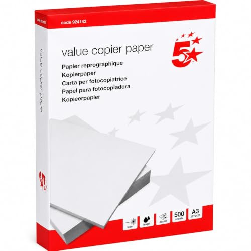 5 Star Value Copier Paper A3 80gsm White Printer Paper, 500 Sheets, Multifunction Copy Paper for Laser, Inkjet & Copiers, PEFC & EU Ecolabel, Ream Wrapped – 924142
