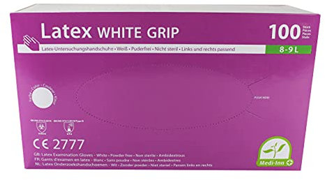 Medi-Inn+ Latex White Grip Einmalhandschuhe, Größe L, 100 Stück, weiß, puderfrei, sehr griffig dank texturierter Oberfläche