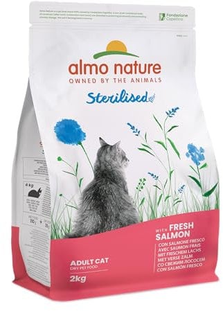 Almo Nature Sterilised - Crocchette Gatto Sterilizzato con Salmone Fresco - A Basso Contenuto di Magnesio e con Fibre per il Controllo del Peso - Sacco da 2kg