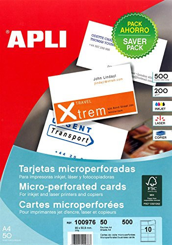 Apli 100976 - Tarjetas de visita (500 unidades, 90 x 50,8 mm, 200 g), color blanco