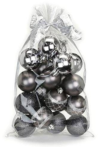 Weihnachtskugeln Plastik grau Mix 6cm 20 Stück im Geschenkbeutel mit Schleife