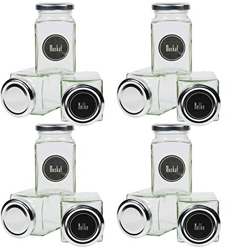 12 eckige Gewürzgläser 260 ml inkl. 24 Gewürzetiketten Deckelfarbe Silber