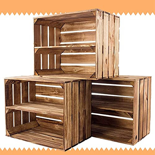 Vintage-Möbel24 3er Set Obstkisten mit Zwischenbrett – geflammt – Holzkisten als Schuhregal 50x30x40cm