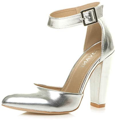 AJVANI high Block Heel Ankle Strap Pointed Court Shoes Size 7 40 Silver Metallic