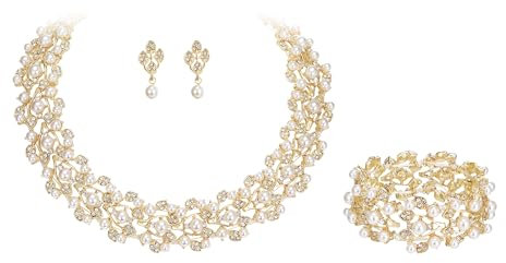 EVER FAITH® österreichischen Kristall künstliche Perle elegant Halskette mit Anhänger Ohrring Schmuck-Set Klar Gold-Ton N04466-1