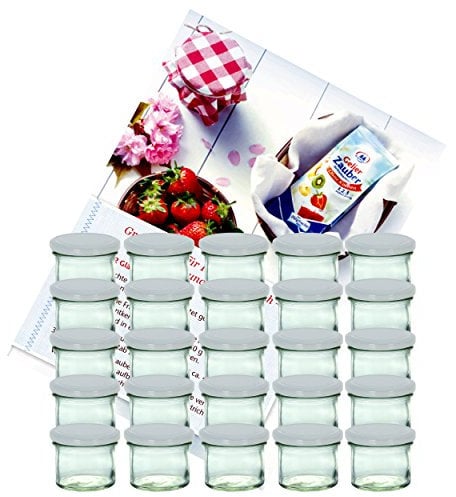 Lot de 25 bocaux en verre de 125 ml avec couvercles blancs To 66 et livret de recettes de la marque de sucre gélifiant Diamant (français non garanti)