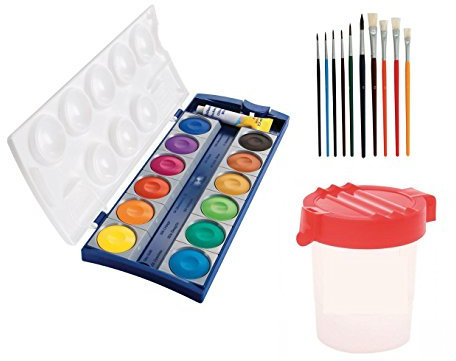 Malset - 12er Deckfarbkasten 735K/12 + Deckweiß, 10 Pinsel, Pinselbecher