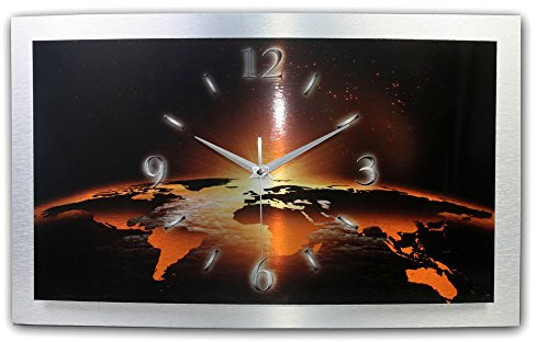 Kreative Feder 3D Designer -Wanduhr Weltkarte Abstrakt - Funkuhr Größe 50x30cm Farbe orange-schwarz WAA001FL