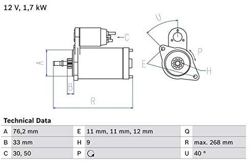 BOSCH 0 986 013 050 Motor Starter/Anlasser 12V 1,7kW 9-Zähnezahl gegen den Uhrzeigersinn Kompatibel mit VW Transporter T4 Bus 70B, 70C, 7DB, 7DK, 70J, 70K, 7DC, 7DJ 068911023G 1305 068911023GX