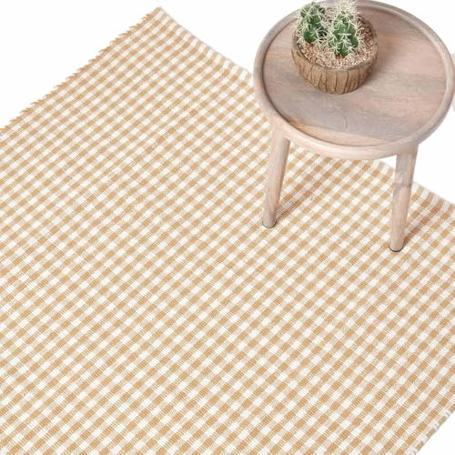 Homescapes Karo-Teppich beige, Flachweb-Teppich 70x120 cm, Baumwoll Landhaus-Karo, Handwebteppich