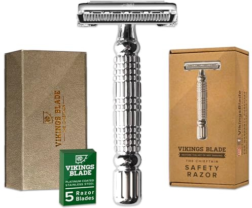 VIKINGS BLADE Double Edge Safety Razor for Men + 5 Swedish Steel Blades + Luxury Case. Smooth, Reusable, Eco-Friendly (The Chieftain)
