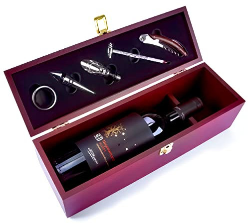 GOODS+GADGETS Coffret à vin Sommelier Set Cadeau de vin Coffret en bois pour une bouteille de vin avec accessoires pour les amateurs de vin ; Coffret en bois au look acajou 6 pièces