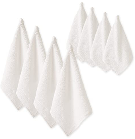 DII Kitchen Bar Mop Dishtowels, 16 x 19 & Dishcloths 12 x 12 Set of 8 - White