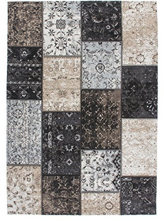 Lalee Flacher Vintageteppich mit Patchworkdesign, Silber, 120 x 170 cm