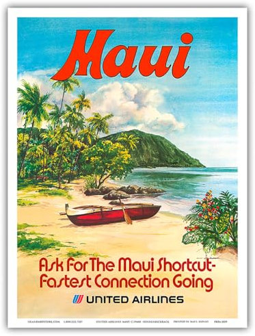 Pacifica Island Art Maui, Hawaii – United Air Lines – Hawaiian Outrigger Canu (Wa'a) – Vintage Hawaiian Travel Poster von Hollenbeck c.1960s – Hawaiian Master Kunstdruck – 22,9 x 30,5 cm
