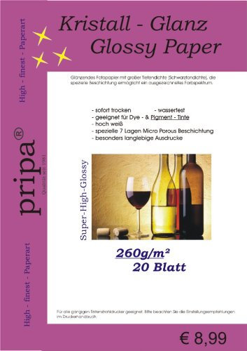 pripa KRISTALL GLANZ 20 Blatt Fotopapier DIN A4 260g - High Glossy glanz, Fotopapier mit großer Tiefendichte Schwarztondichte - ausgezeichnetes Farbspektrum, fuer InkJet Drucker