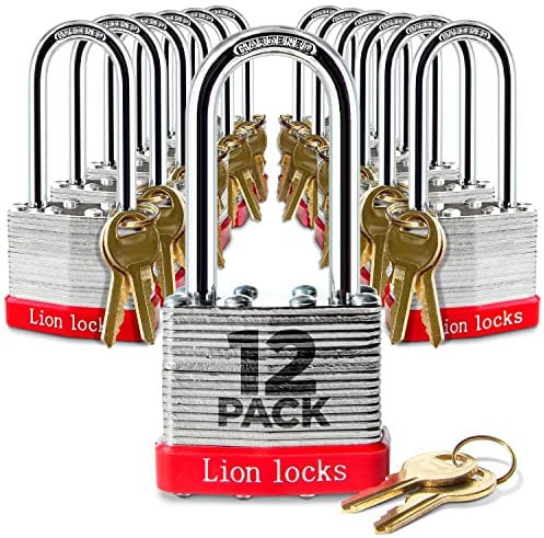 Lion Locks Cadenas à 12 clés identiques avec anse de 5,1 cm de long, 24 clés – Cadenas pour usage extérieur, serrures avec clés, boîtier en acier trempé, cylindre à goupille en laiton résistant au
