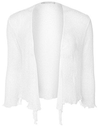 Womens Tie Up 3/4 Sleeve Ladies Fine Knit Bolero Cropped Stretchy Shrug Top 8-14, One Size 8-14, White - Must Have Summer Shrug